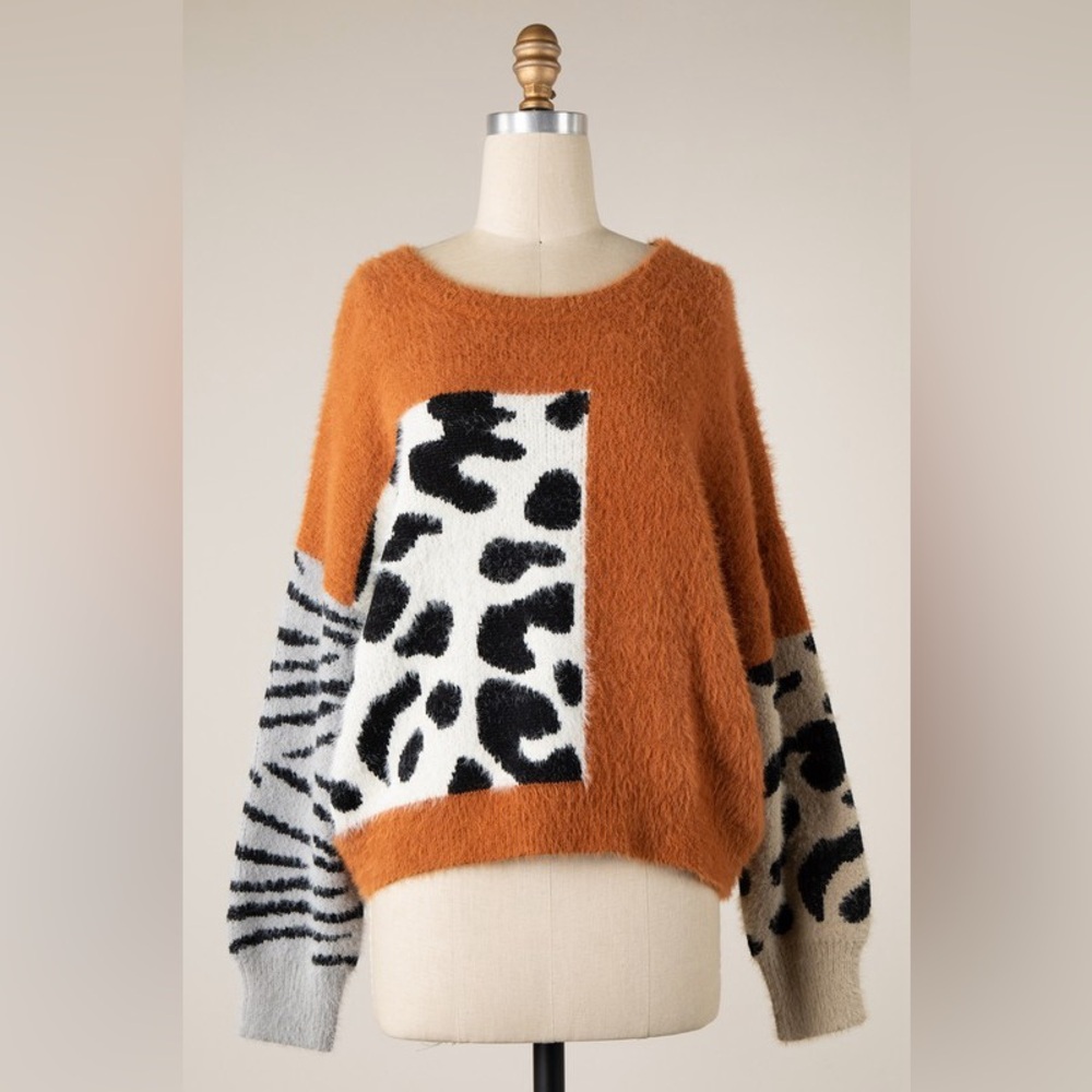 88B. Animal Print Fuzzy Knit Sweater - Rust/Camel